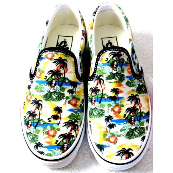 Vans Women's Classic Slip On Aloha Black True White Canvas Shoes Size 6.5 NIB - Picture 1 of 5